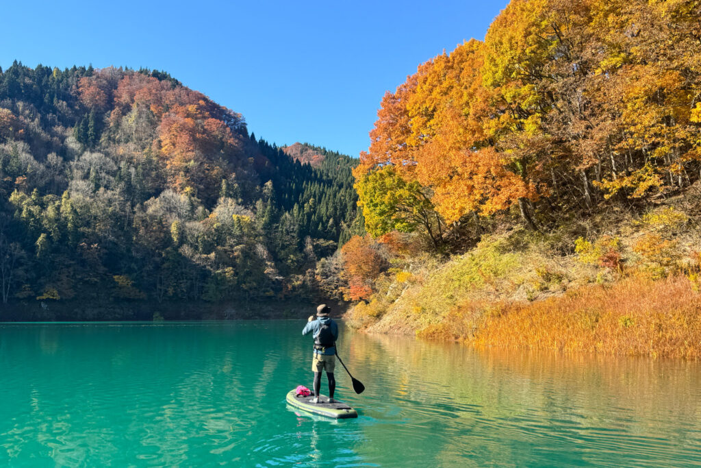 エメラルドグリーンの湖面と紅葉の岸のあいだを、SUPで進むツアー参加者