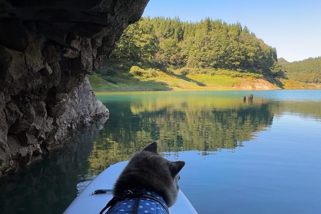 岩のトンネルを抜けた先に広がる秋扇湖と、SUPボードに乗った犬